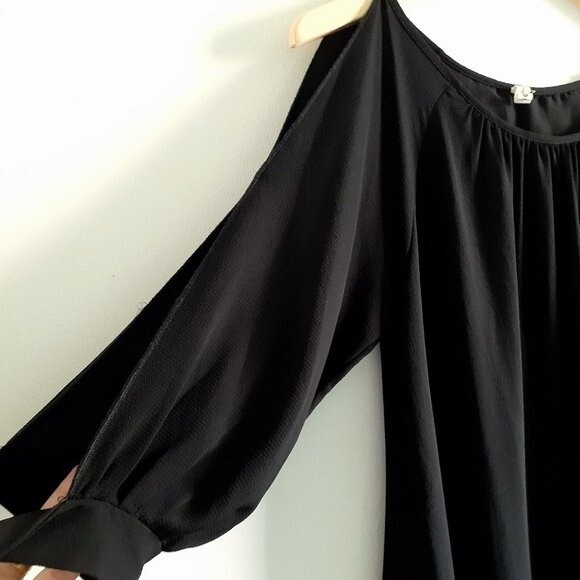 TYCHE Womens Relax Fit Crepe Lined Solid Black Open TieSleeves Shift Mini Dress - Picture 5 of 11